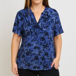 Pendleton 100% Silk Blue Black Floral Ruffle Button Blouse Top Summer  EUC Sz 16